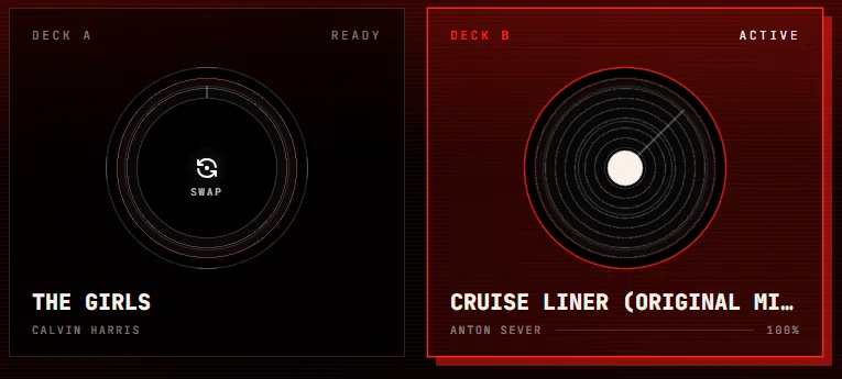 My Personal DJ crossfade automático en progreso - vista de dos decks mostrando la transición entre pistas en Windows