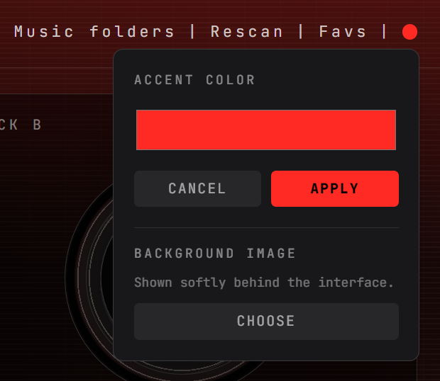 The colour menu with the accent colour, Cancel and Apply, and the background image