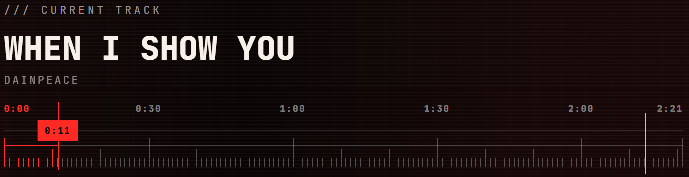 The current track title and artist above the timeline