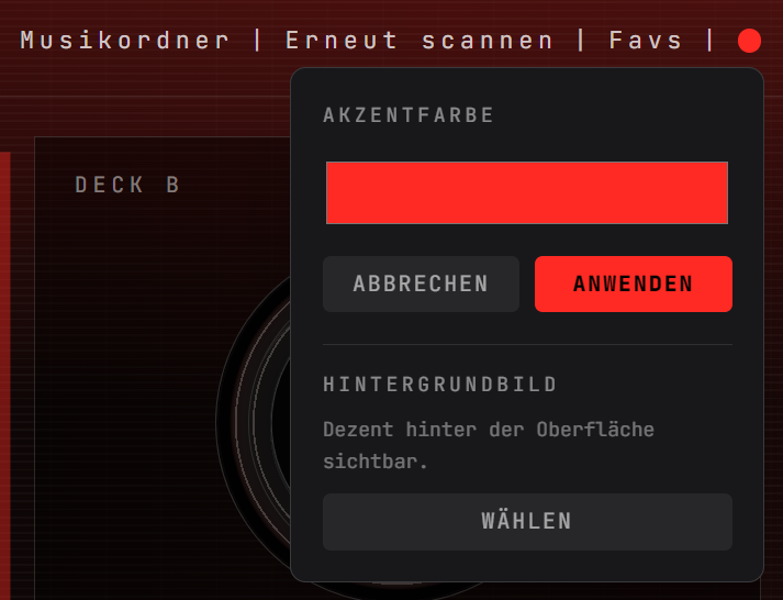 Das Farbmenü mit Akzentfarbe, Abbrechen und Übernehmen und dem Hintergrundbild