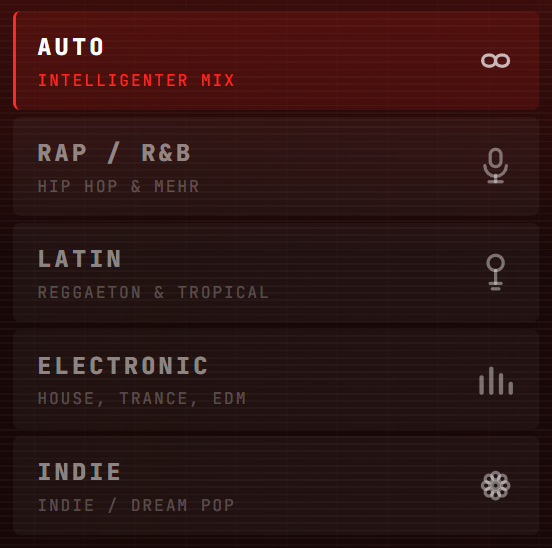 Die Modusliste: Auto, Rap / R&B, Latin, Electronic und Indie