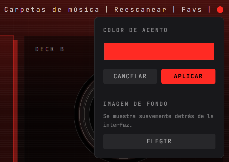 El menú de color con el color de acento, Cancelar y Aplicar, y la imagen de fondo