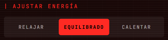 El selector Ajustar energía con Relajar, Equilibrado y Calentar