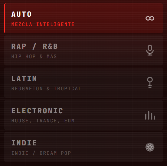 La lista de modos: Auto, Rap / R&B, Latin, Electronic e Indie