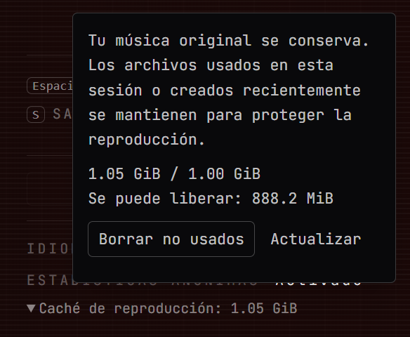 El panel de la caché de reproducción con su tamaño, el espacio que puedes liberar y Borrar no usados