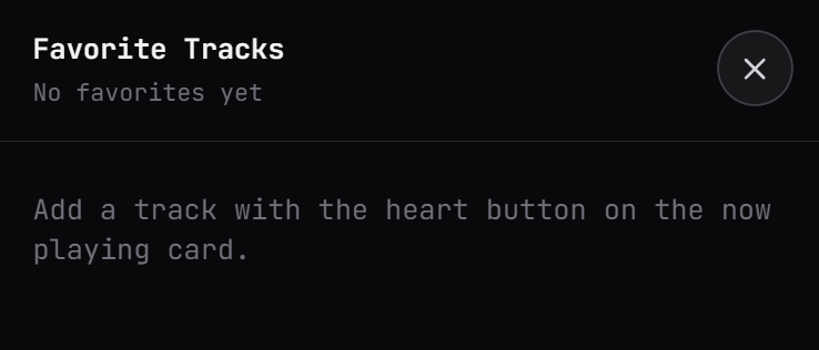 The Favorite Tracks panel, empty until you save a track with the heart button