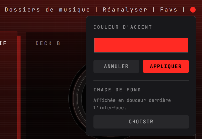 Le menu de couleur avec la couleur d’accent, Annuler et Appliquer, et l’image de fond
