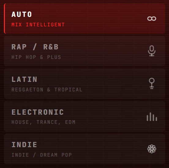 La liste des modes : Auto, Rap / R&B, Latin, Electronic et Indie