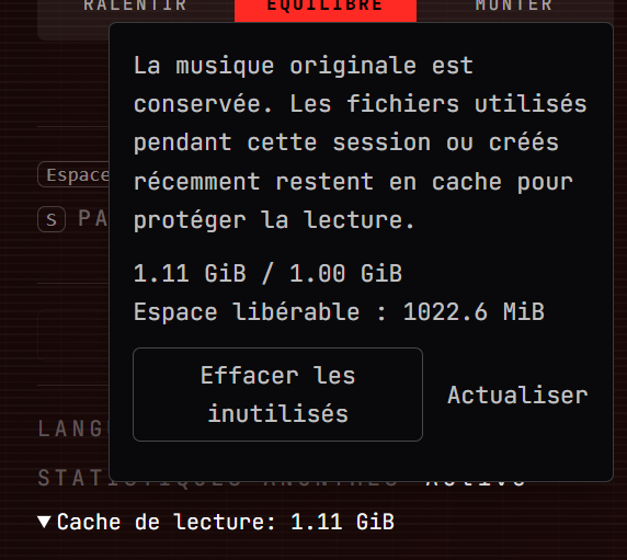 Le panneau du cache de lecture avec sa taille, l’espace libérable et Effacer les inutilisés