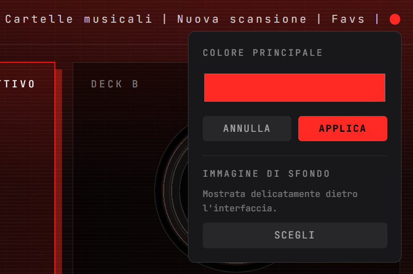 Il menu del colore con il colore di accento, Annulla e Applica, e l’immagine di sfondo