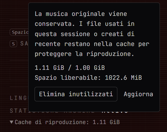 Il pannello della cache di riproduzione con la sua dimensione, lo spazio liberabile ed Elimina inutilizzati