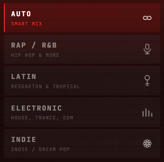 The mode list: Auto, Rap / R&B, Latin, Electronic and Indie