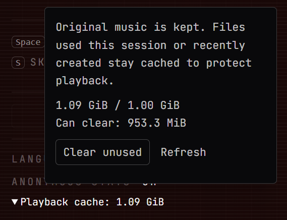 The playback cache panel with its size, the space you can clear, and Clear unused